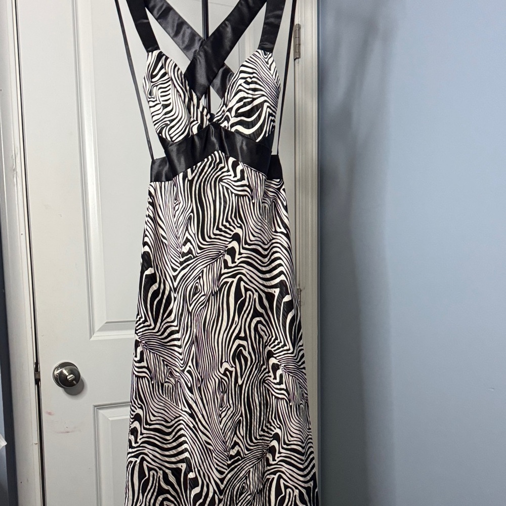 Jessica McClintock Black and White Zebra Print Satin-Trim Maxi Dress